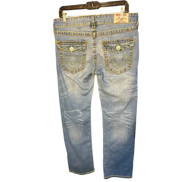 True Religion Sarah Big T Straight Leg Jeans Blue Yellow Stitch Size 31 USA - Picture 2 of 7